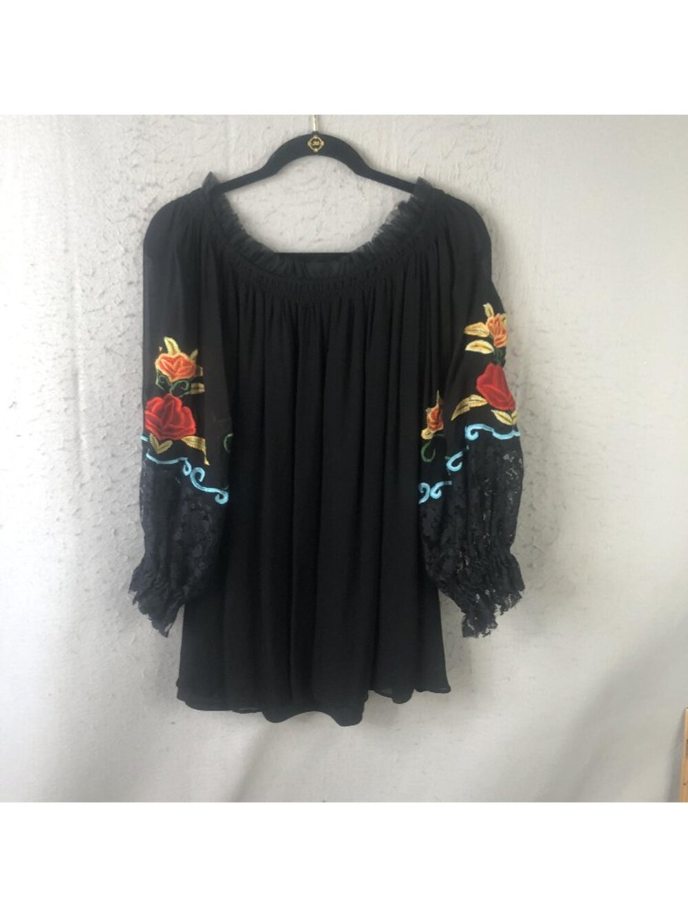 Vintage Collection Top Womens L Black Embroidered Floral Lace Boho Festival